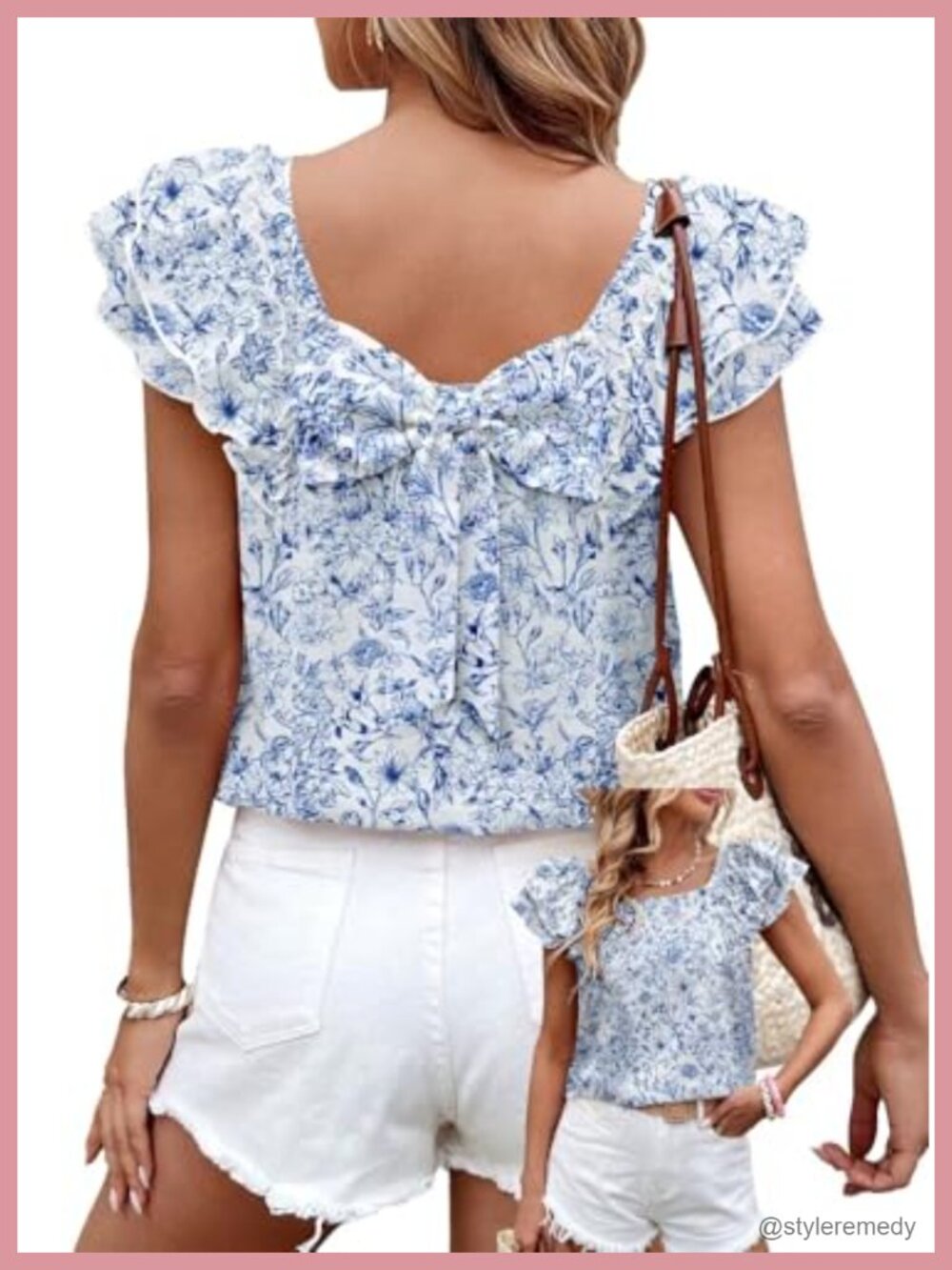 Womens Bow Tie Back Babydoll Top Ruffle Short Sleeve Vneck Blouse